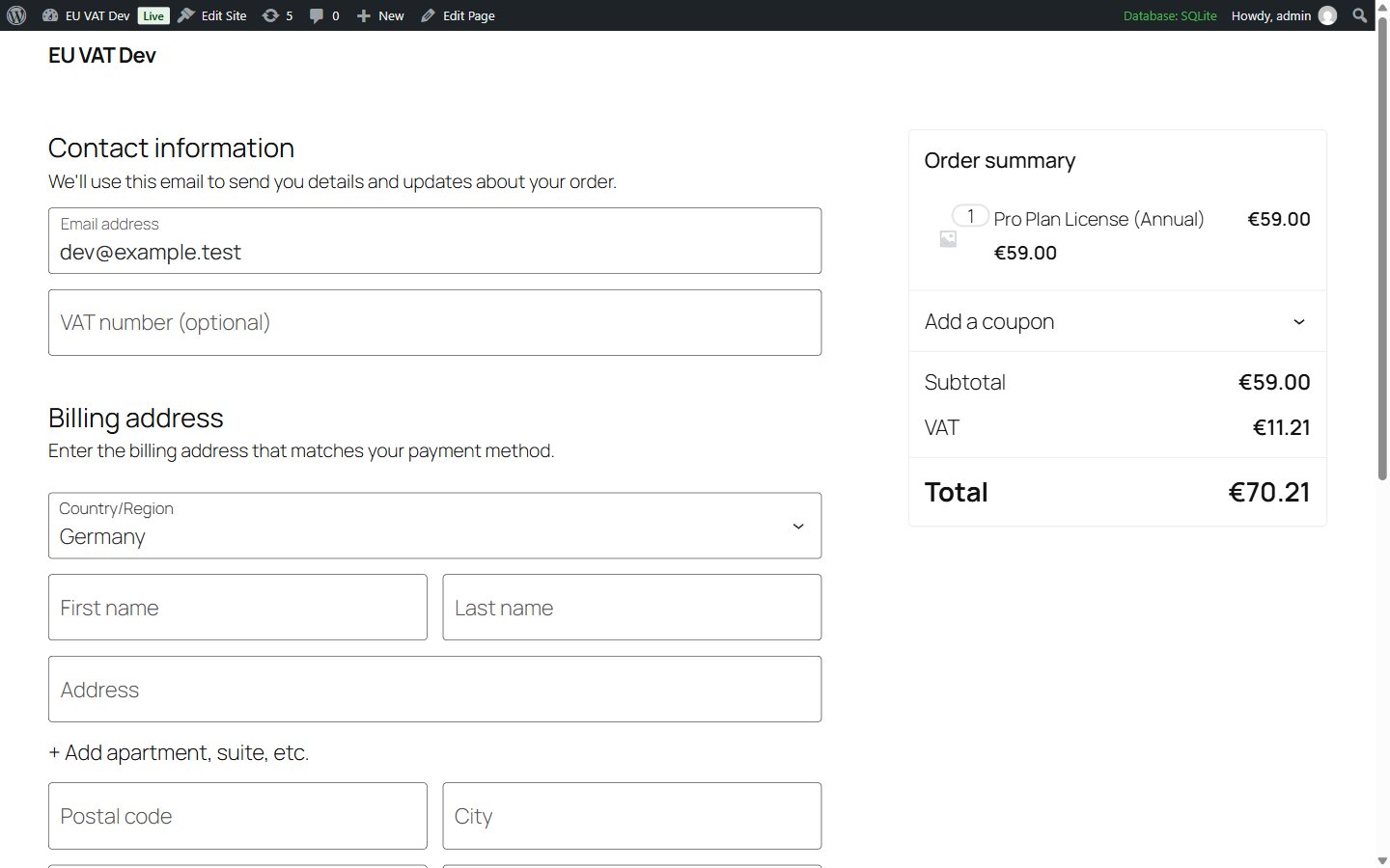 VAT-number field at checkout with correct destination VAT