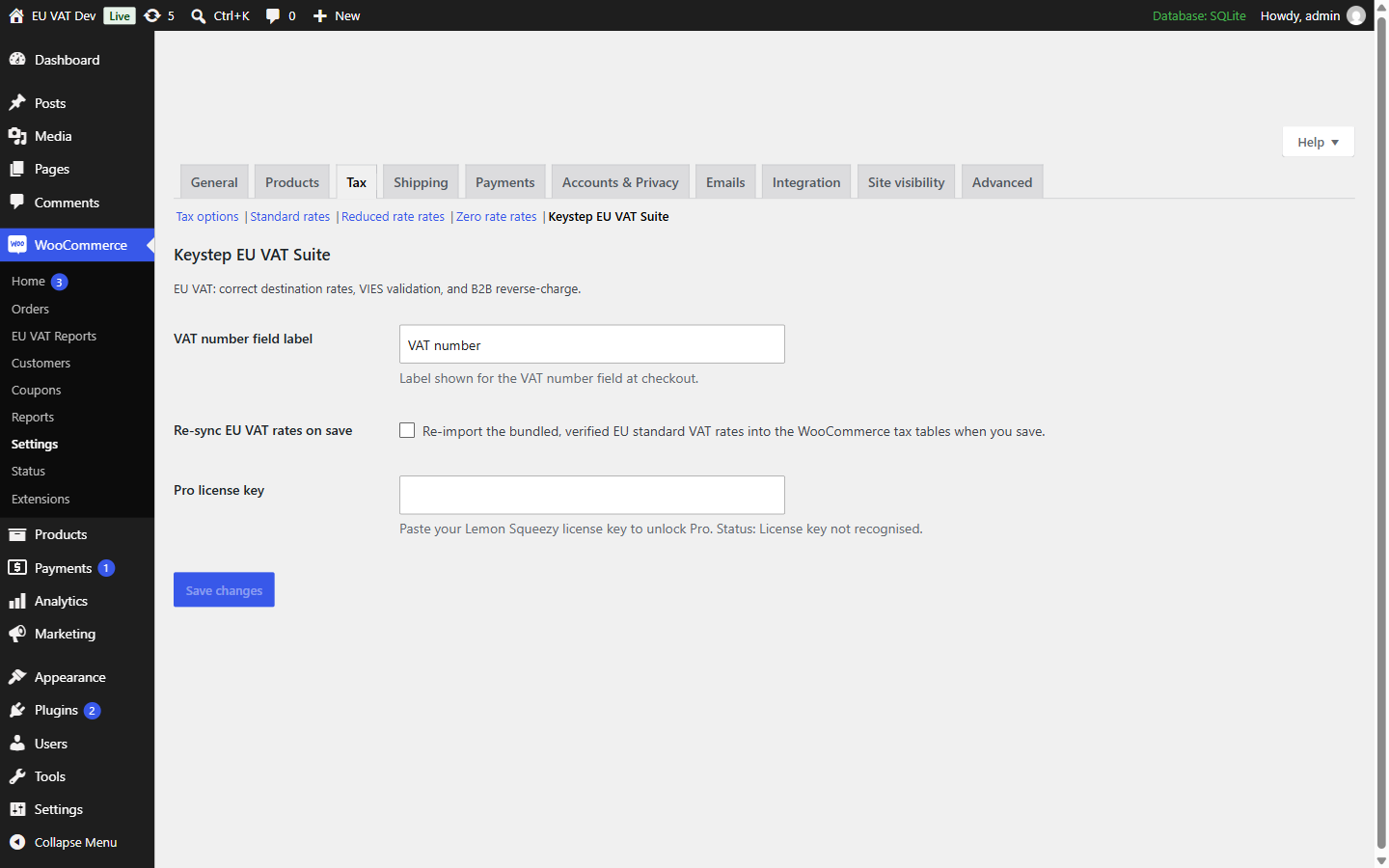 Keystep EU VAT Suite settings panel